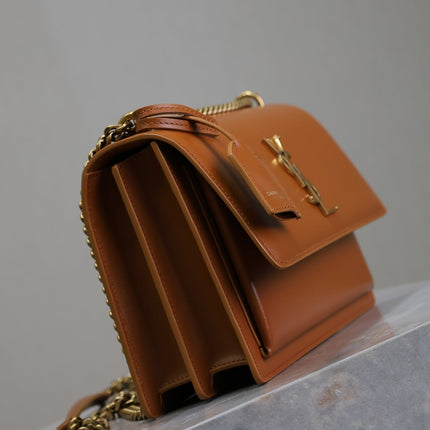YSL 25S SUNSET BAG 22 IN DARK CARAMEL CALFSKIN GOLD HARDWRE