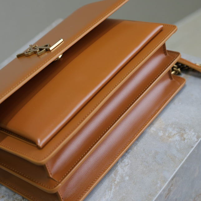 YSL 25S SUNSET BAG 22 IN DARK CARAMEL CALFSKIN GOLD HARDWRE