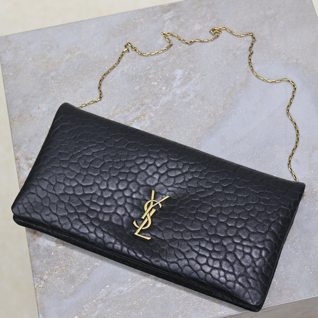 CALYPSO POUCH 24 IN BLACK ELEPHANT TEXTURED LAMBSKIN GOLD LOGO