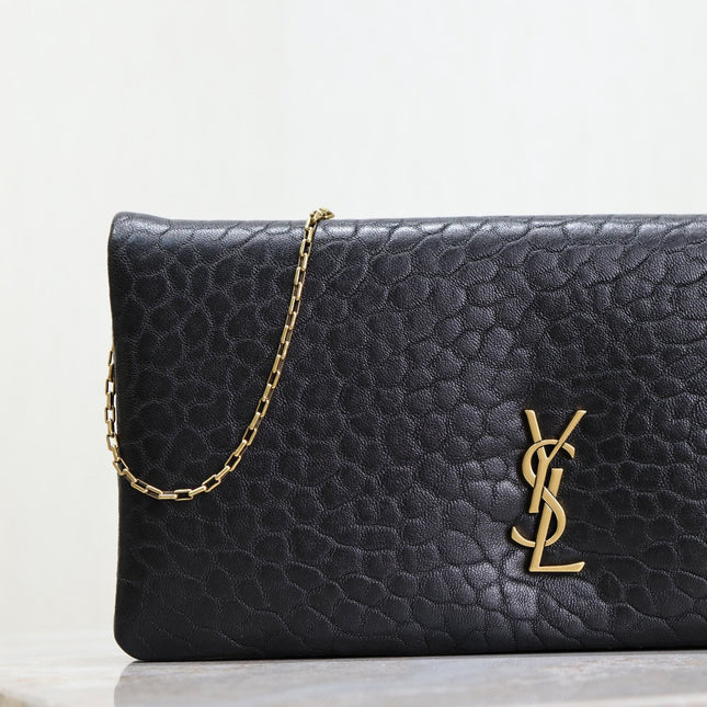 CALYPSO POUCH 24 IN BLACK ELEPHANT TEXTURED LAMBSKIN GOLD LOGO