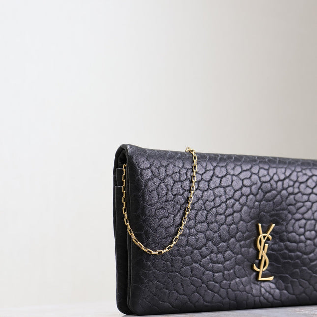 CALYPSO POUCH 24 IN BLACK ELEPHANT TEXTURED LAMBSKIN GOLD LOGO