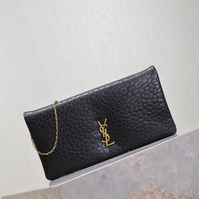 CALYPSO POUCH 24 IN BLACK ELEPHANT TEXTURED LAMBSKIN GOLD LOGO