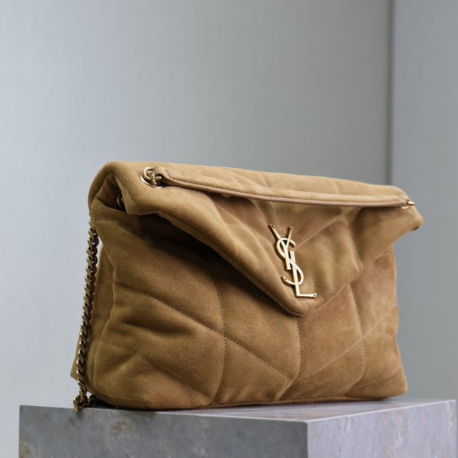 YSL 25S LOULOU PUFFER GM 35 IN TAN BROWN SUEDE GOLD HARDWRE