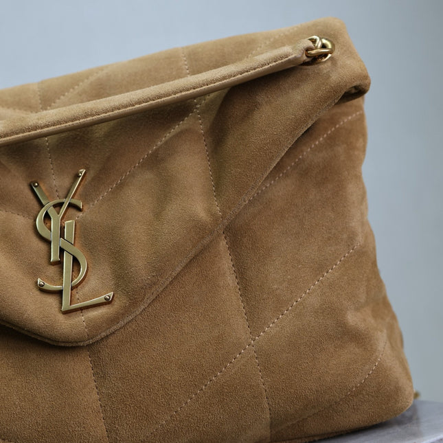 YSL 25S LOULOU PUFFER GM 35 IN TAN BROWN SUEDE GOLD HARDWRE