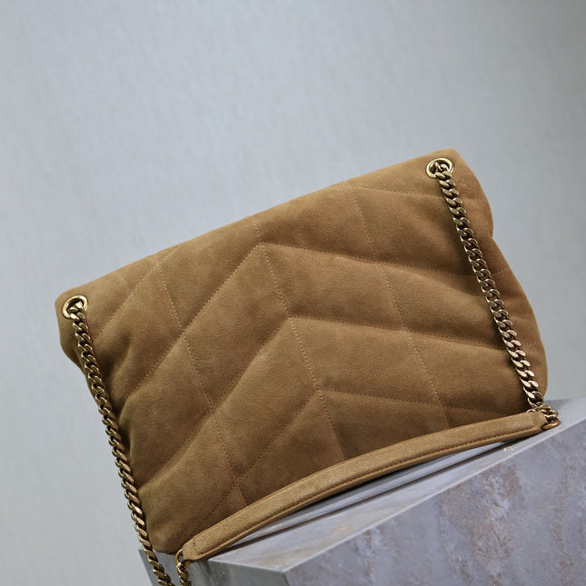 YSL 25S LOULOU PUFFER GM 35 IN TAN BROWN SUEDE GOLD HARDWRE