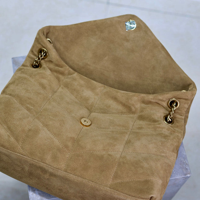 YSL 25S LOULOU PUFFER GM 35 IN TAN BROWN SUEDE GOLD HARDWRE