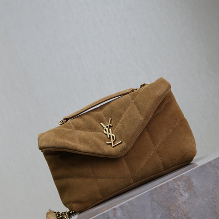 YSL 25S LOULOU PUFFER MINI 23 IN TAN BROWN SUEDE GOLD HARDWRE