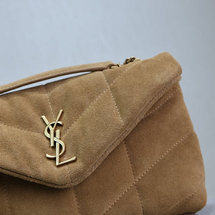 YSL 25S LOULOU PUFFER MINI 23 IN TAN BROWN SUEDE GOLD HARDWRE