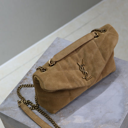 YSL 25S LOULOU PUFFER MINI 23 IN TAN BROWN SUEDE GOLD HARDWRE