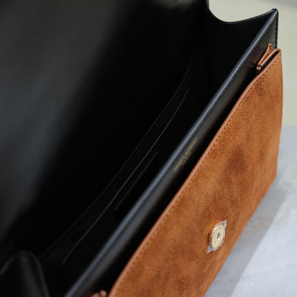 YSL 25S SUNSET MM 25 IN BLACK CALFSKIN AND CARAMEL SUEDE GOLD HARDWRE