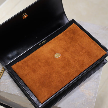 YSL 25S SUNSET MM 25 IN BLACK CALFSKIN AND CARAMEL SUEDE GOLD HARDWRE