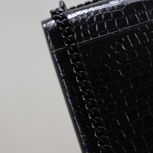 YSL 25S SUNSET MEDIUM 22 IN BLACK CROCODILE-EMBOSSED SHINY CALFSKIN BLACK HARDWRE
