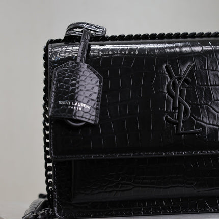 YSL 25S SUNSET MEDIUM 22 IN BLACK CROCODILE-EMBOSSED SHINY CALFSKIN BLACK HARDWRE