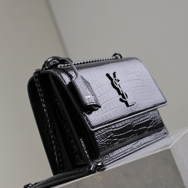 YSL 25S SUNSET MEDIUM 22 IN BLACK CROCODILE-EMBOSSED SHINY CALFSKIN BLACK HARDWRE