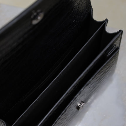 YSL 25S SUNSET MEDIUM 22 IN BLACK CROCODILE-EMBOSSED SHINY CALFSKIN BLACK HARDWRE