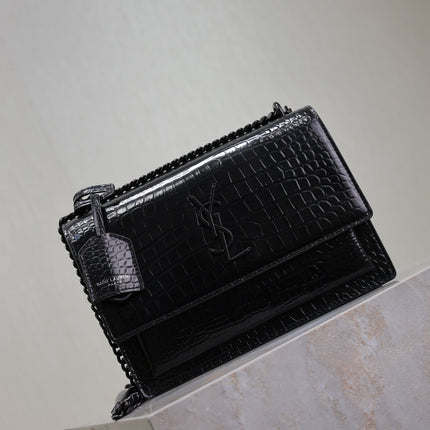 YSL 25S SUNSET MEDIUM 22 IN BLACK CROCODILE-EMBOSSED SHINY CALFSKIN BLACK HARDWRE