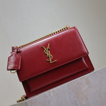 YSL 25S SUNSET BAG 22 IN CRIMSON RED CALFSKIN GOLD HARDWRE