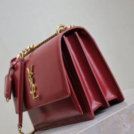 YSL 25S SUNSET BAG 22 IN CRIMSON RED CALFSKIN GOLD HARDWRE