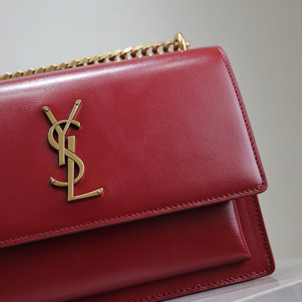 YSL 25S SUNSET BAG 22 IN CRIMSON RED CALFSKIN GOLD HARDWRE