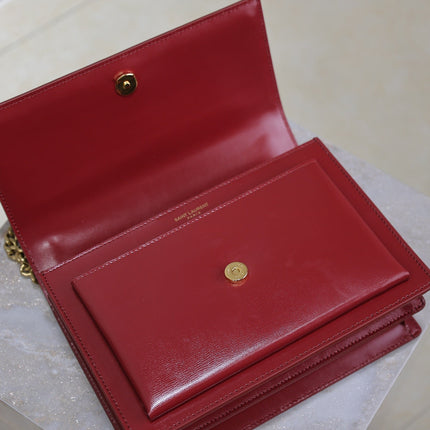 YSL 25S SUNSET BAG 22 IN CRIMSON RED CALFSKIN GOLD HARDWRE
