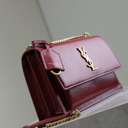 YSL 25S SUNSET BAG 22 IN CRIMSON RED CALFSKIN GOLD HARDWRE