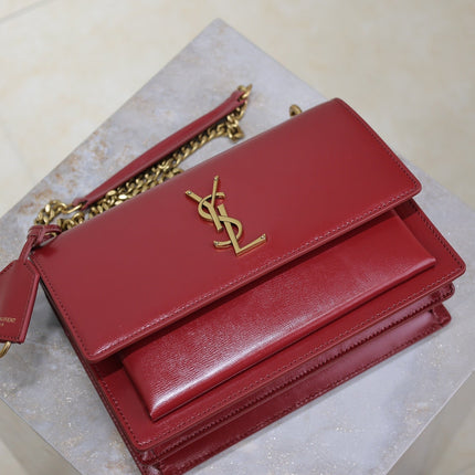 YSL 25S SUNSET BAG 22 IN CRIMSON RED CALFSKIN GOLD HARDWRE
