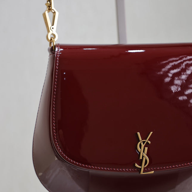 VOLTAIRE SADDLE BAG 21 IN BORDEAUX RED PATENT CALFSKIN