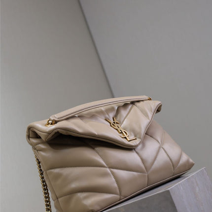 YSL 25S LOULOU PUFFER GM 35 IN BROWN CALFSKIN GOLD HARDWRE