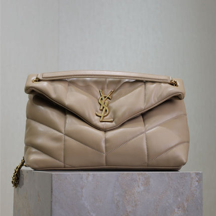 YSL 25S LOULOU PUFFER GM 35 IN BROWN CALFSKIN GOLD HARDWRE