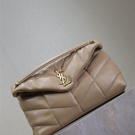 YSL 25S LOULOU PUFFER GM 35 IN BROWN CALFSKIN GOLD HARDWRE