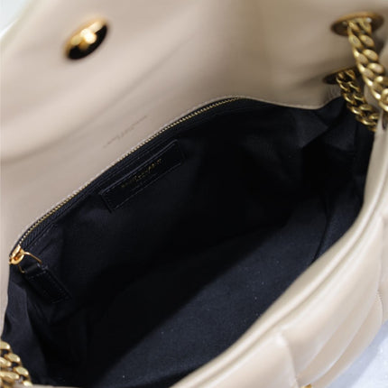 YSL 25S LOULOU PUFFER MM 29 IN BROWN CALFSKIN GOLD HARDWRE