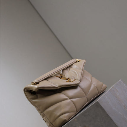 YSL 25S LOULOU PUFFER MM 29 IN BROWN CALFSKIN GOLD HARDWRE