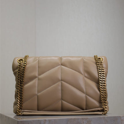 YSL 25S LOULOU PUFFER MM 29 IN BROWN CALFSKIN GOLD HARDWRE