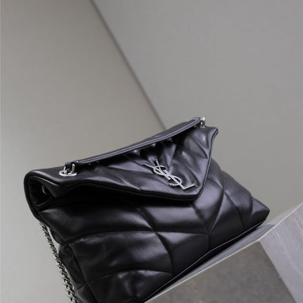 YSL 25S LOULOU PUFFER GM 35 IN BLACK CALFSKIN SILVER HARDWRE