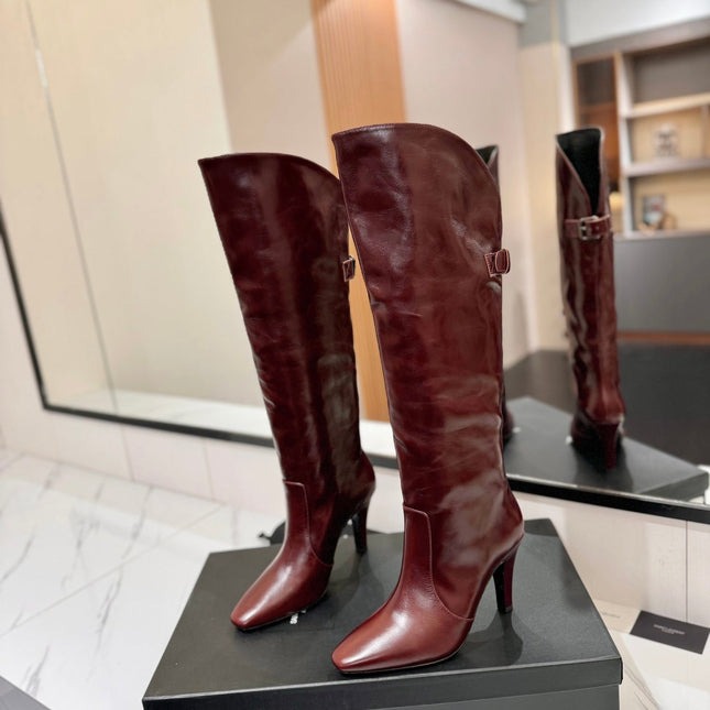 CLASSIC HIGH KNEE BOOTS IN BURGUNDY RED CALFSKIN