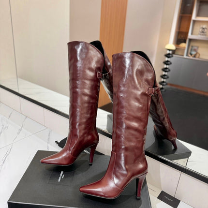 CLASSIC HIGH KNEE BOOTS IN BURGUNDY RED CALFSKIN