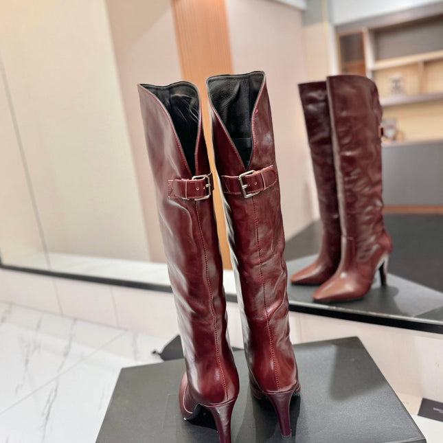 CLASSIC HIGH KNEE BOOTS IN BURGUNDY RED CALFSKIN