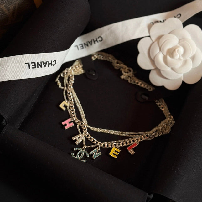 VINTAGE MULTI-LAYER ENAMEL LETTER NECKLACE IN COLORFUL BLUE DIAMOND DOUBLE C