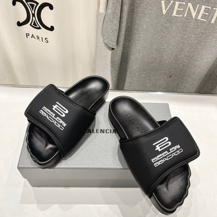 SLIDE SANDALS IN BLACK NYLON AND RUBBER WHITE PRINT