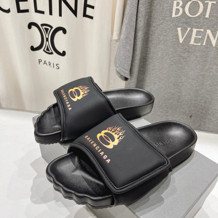 SLIDE SANDALS IN BLACK NYLON AND RUBBER YELLOW PRINT