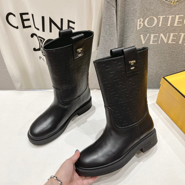FENDI 25S ANKLE BOOTS IN BLACK COWHIDE LOGO EMBOSSING
