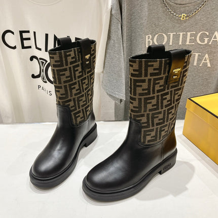 FENDI 25S ANKLE BOOTS IN BLACK COWHIDE AND BROWN CANVAS LOGO EMBOSSING