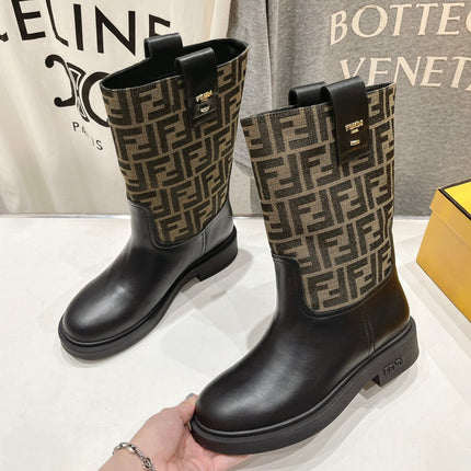FENDI 25S ANKLE BOOTS IN BLACK COWHIDE AND BROWN CANVAS LOGO EMBOSSING