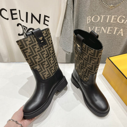 FENDI 25S ANKLE BOOTS IN BLACK COWHIDE AND BROWN CANVAS LOGO EMBOSSING