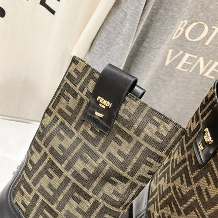 FENDI 25S ANKLE BOOTS IN BLACK COWHIDE AND BROWN CANVAS LOGO EMBOSSING