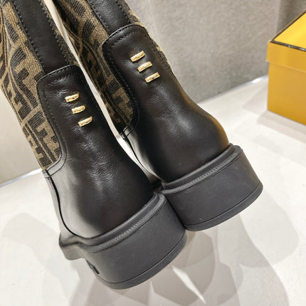 FENDI 25S ANKLE BOOTS IN BLACK COWHIDE AND BROWN CANVAS LOGO EMBOSSING
