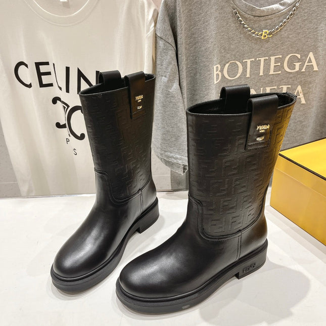 FENDI 25S ANKLE BOOTS IN BLACK COWHIDE LOGO EMBOSSING