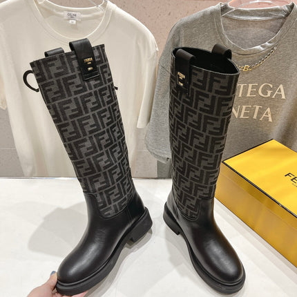 FENDI 25S HIGH BOOTS IN BLACK COWHIDE AND CANVAS LOGO EMBOSSING