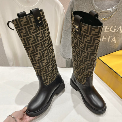FENDI 25S HIGH BOOTS IN BLACK COWHIDE AND BROWN CANVAS LOGO EMBOSSING