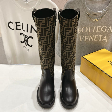 FENDI 25S HIGH BOOTS IN BLACK COWHIDE AND BROWN CANVAS LOGO EMBOSSING